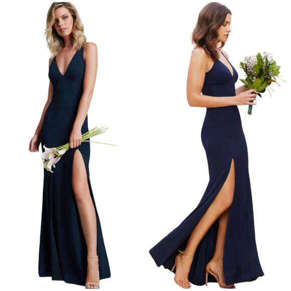 Dress The Population NWT Iris Slit Crepe Gown Size S Midnight Blue Sleeveless - Picture 3 of 12
